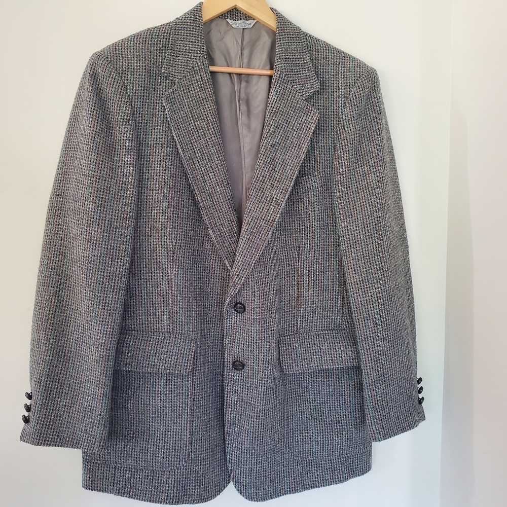 SURREY CLASSIC Sz 42R Gray Black Green Blue Tweed Wool Blazer Pockets Office EUC